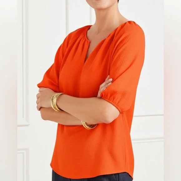 Talbots Seersucker Elbow Sleeve Top in Orange size Medium NWT - Picture 2 of 6